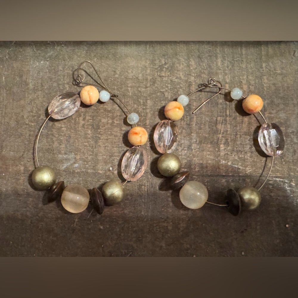 Handcrafted Multicolor Beaded Hoop Earrings - Peach & Silver & Gold Accents
